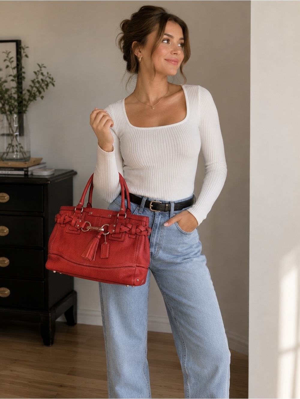 Coach Pebbled Leather Braided Satchel Shoulder Bag – Red